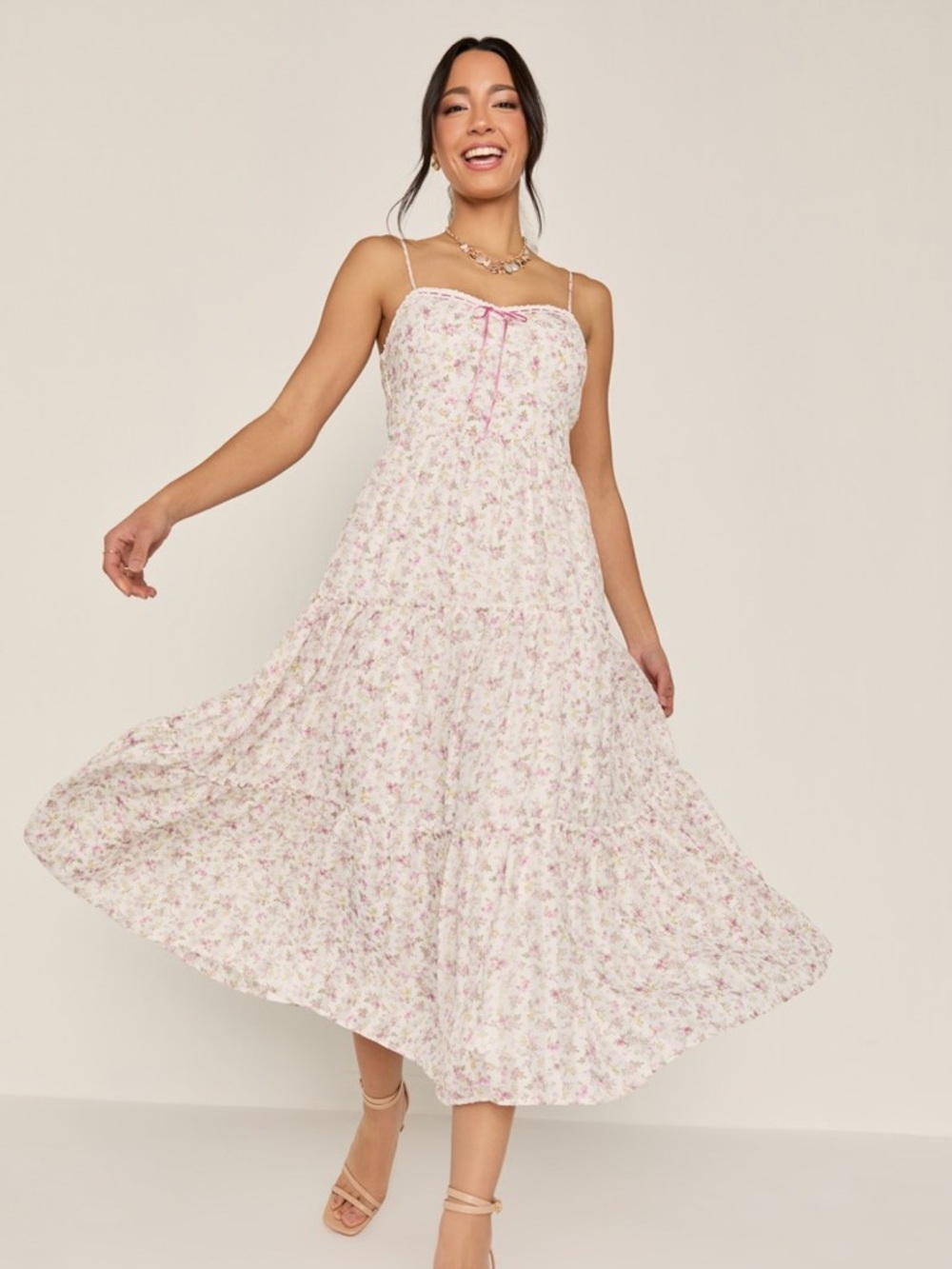 Francesca's Collections Ruby Tiered Floral Midi Dress Light Pink Spaghetti-Strap